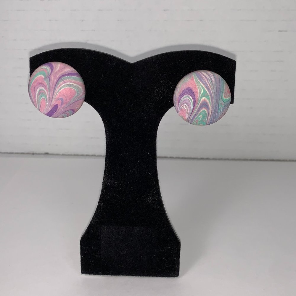 Pastel Swirl Round Fabric Button Post Earrings